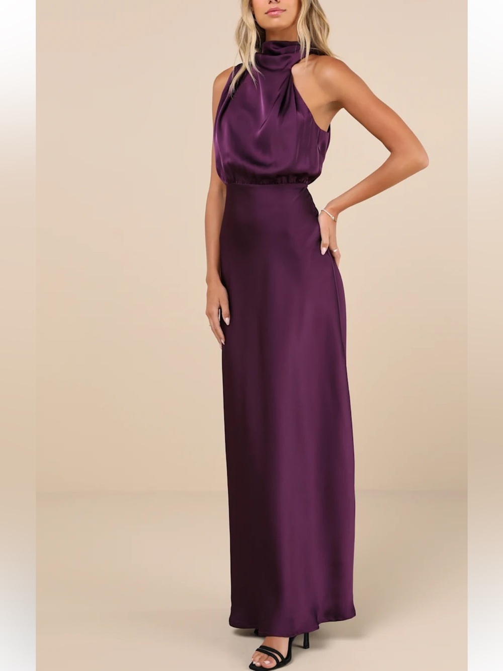 Lulu's Purple Satin Asymmetrical Gown Mock Neck Maxi Dress Size S